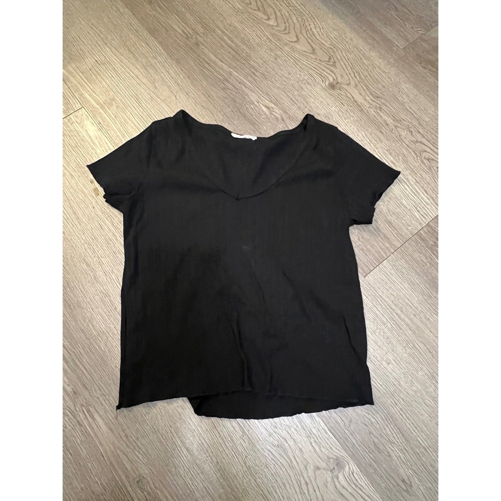 Minnie Rose Black Rib Knit V-Neck Short Sleeve Top Small